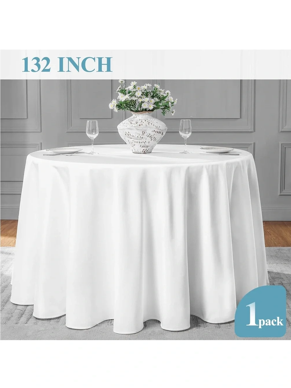NEW VidaFete 132” Round Tablecloth Polyester, Stain/Wrinkle Resistant. White.